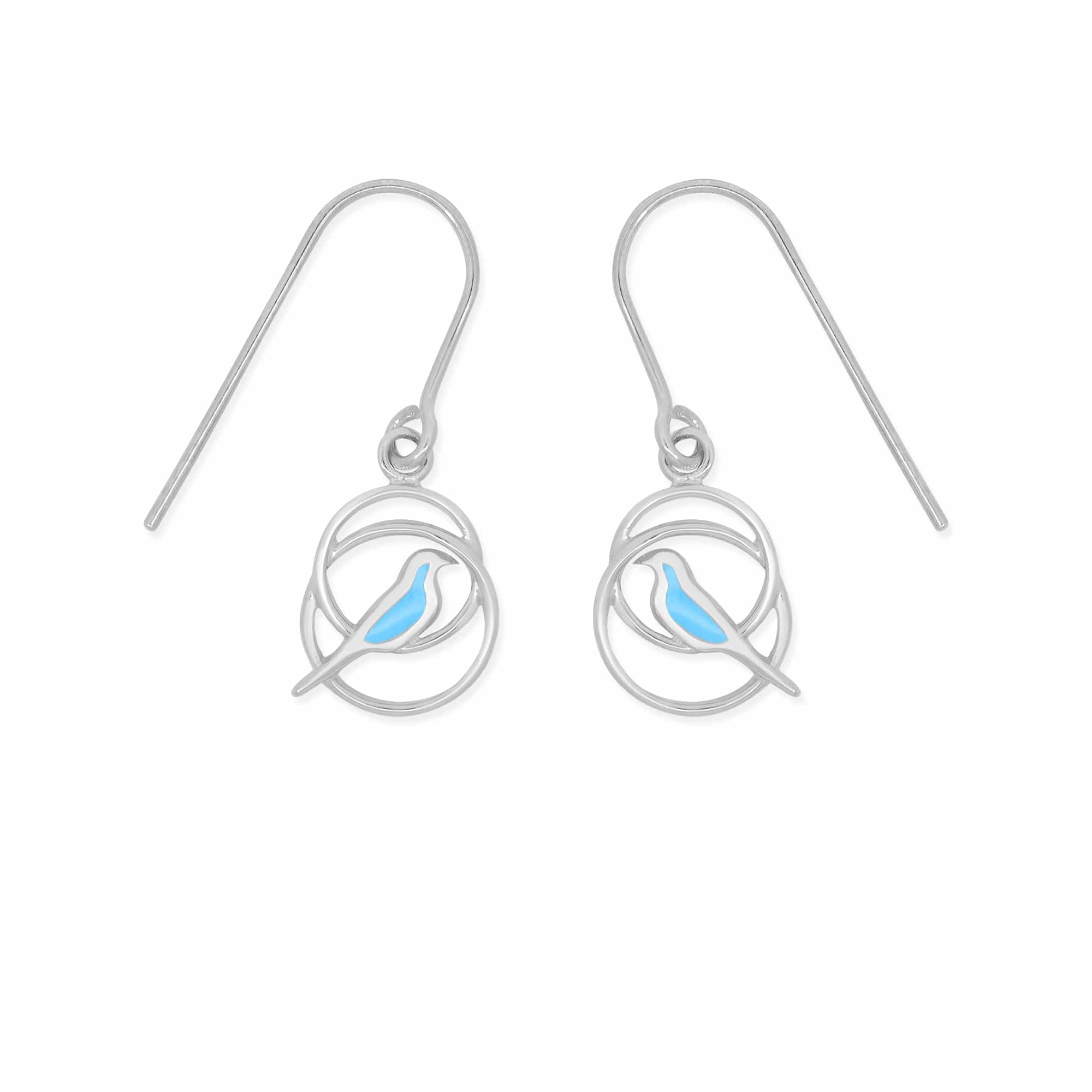 Bird Enamel Drop Circle Earrings