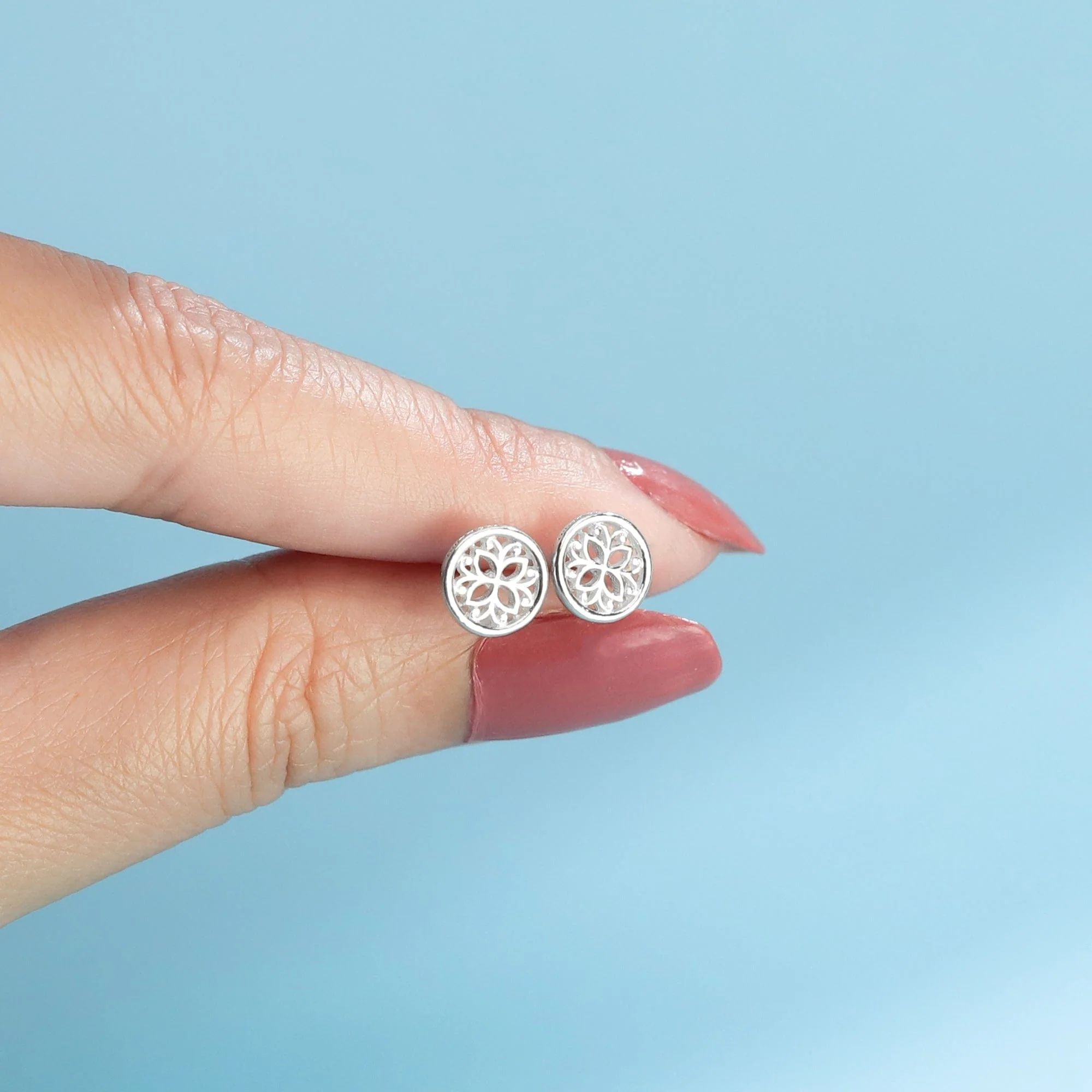 Circle Lotus Flower Stud Earrings - Image 3
