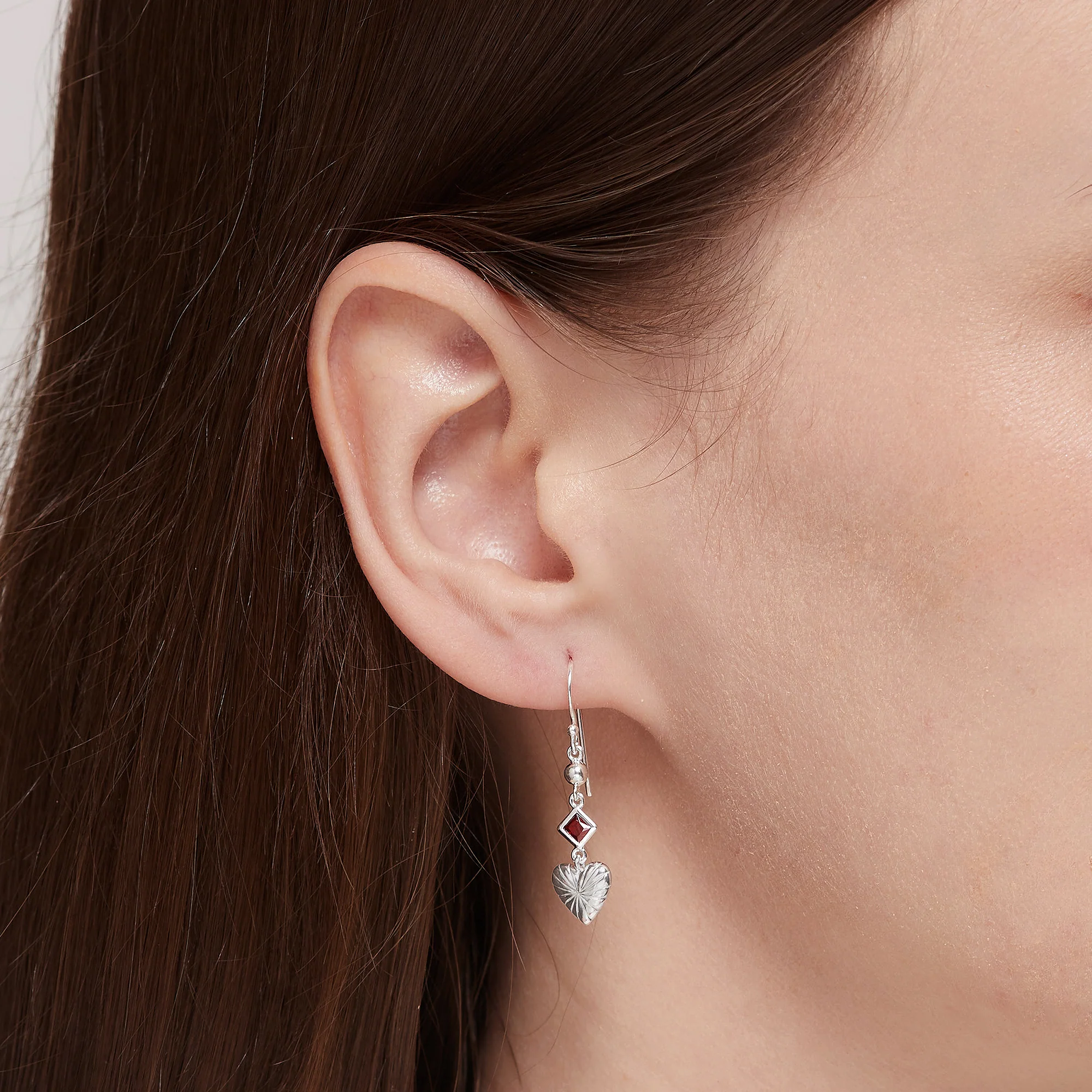 Clare Heart Dangle Earrings with CZ Garnet - Image 2