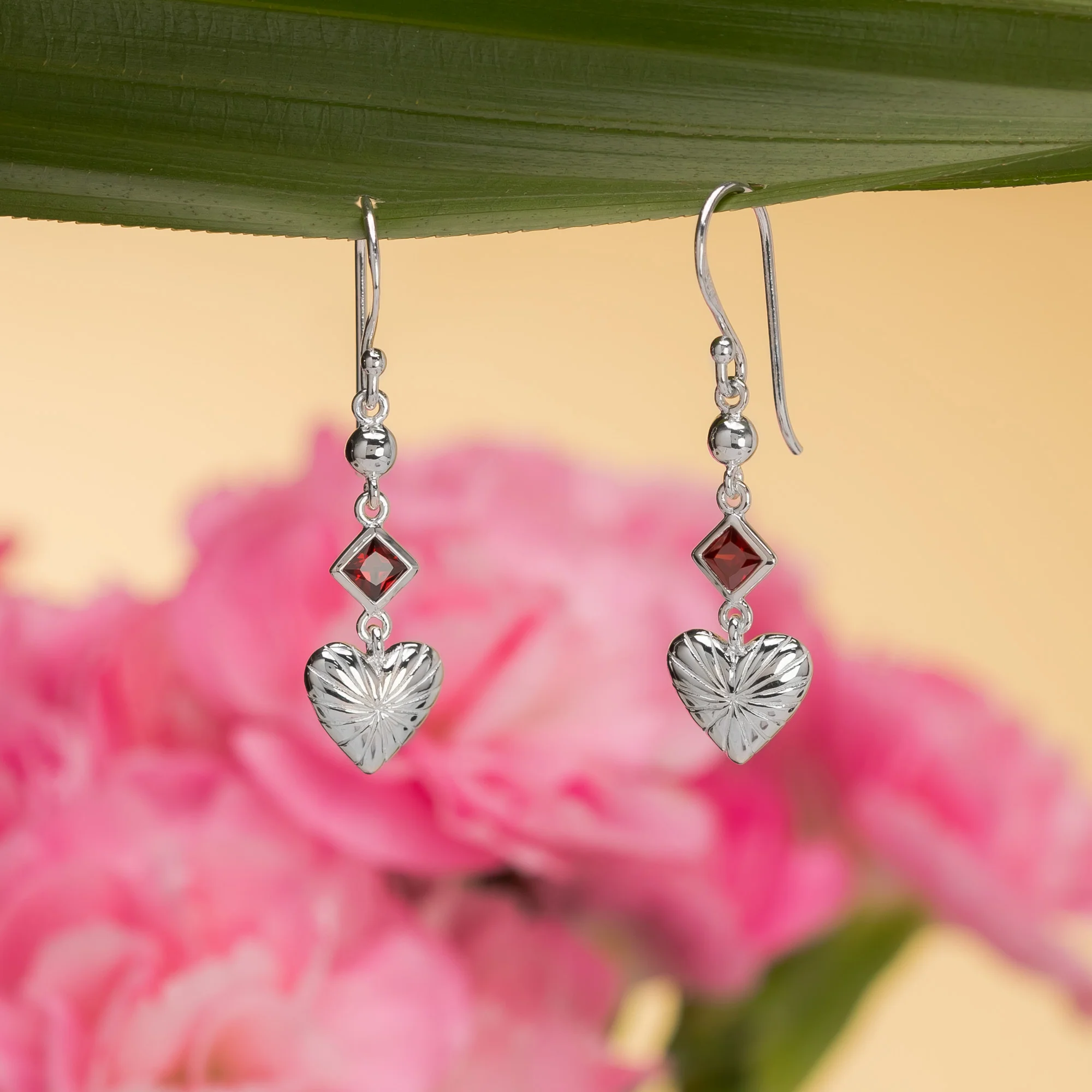Clare Heart Dangle Earrings with CZ Garnet - Image 3