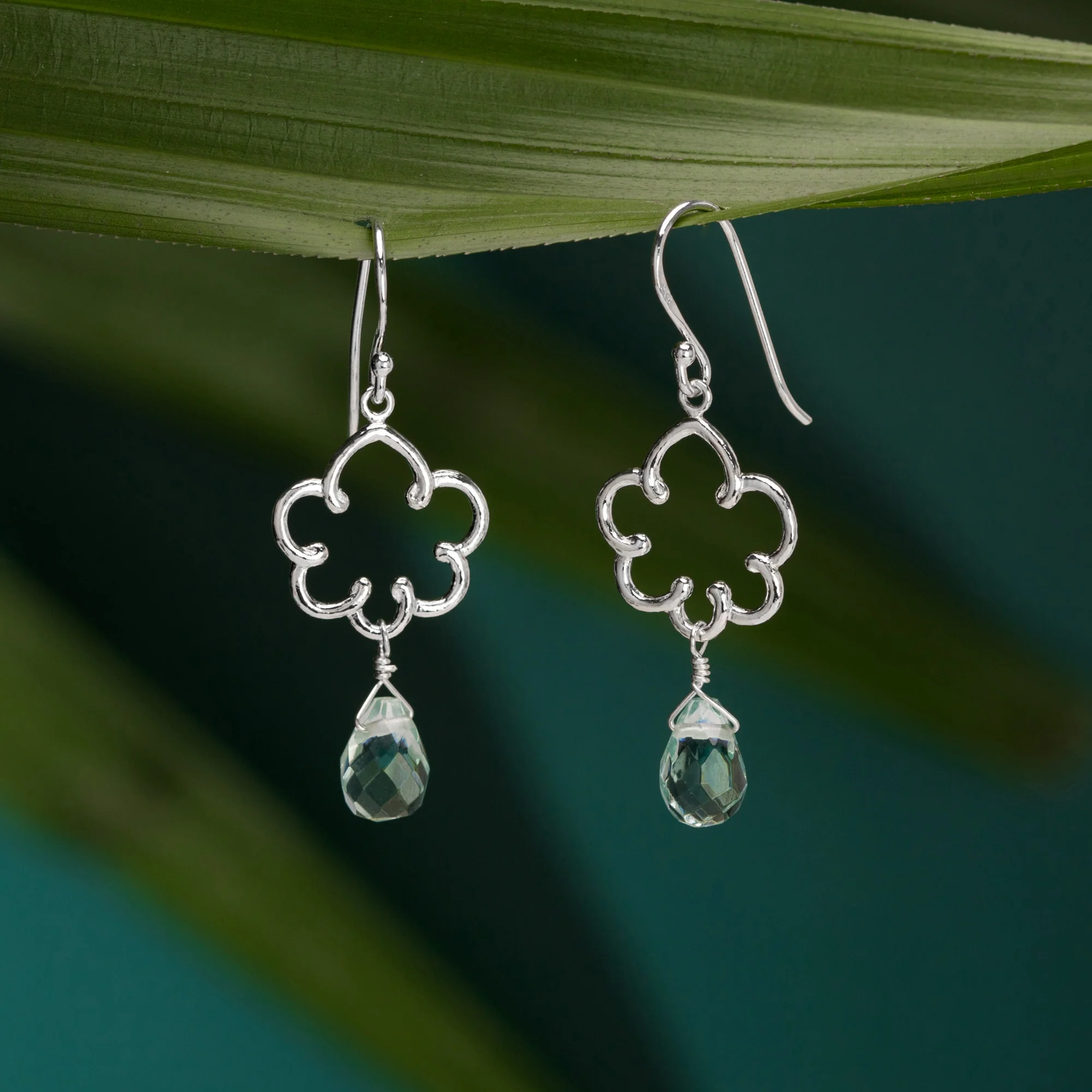 Floral Curly Dangles with Aquamarine Glass - Image 3