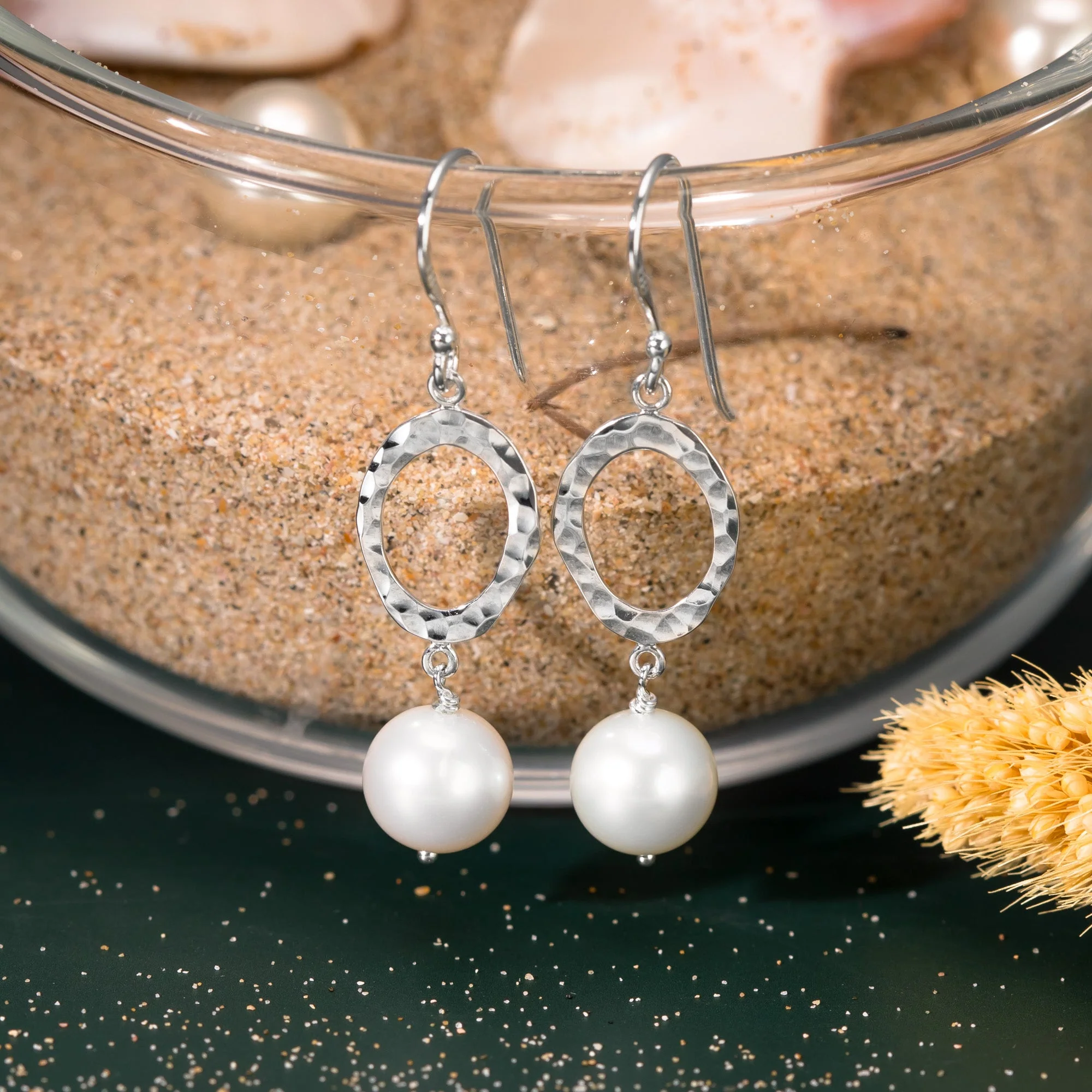 Hammered Oval Dangles with Pearl - Image 3