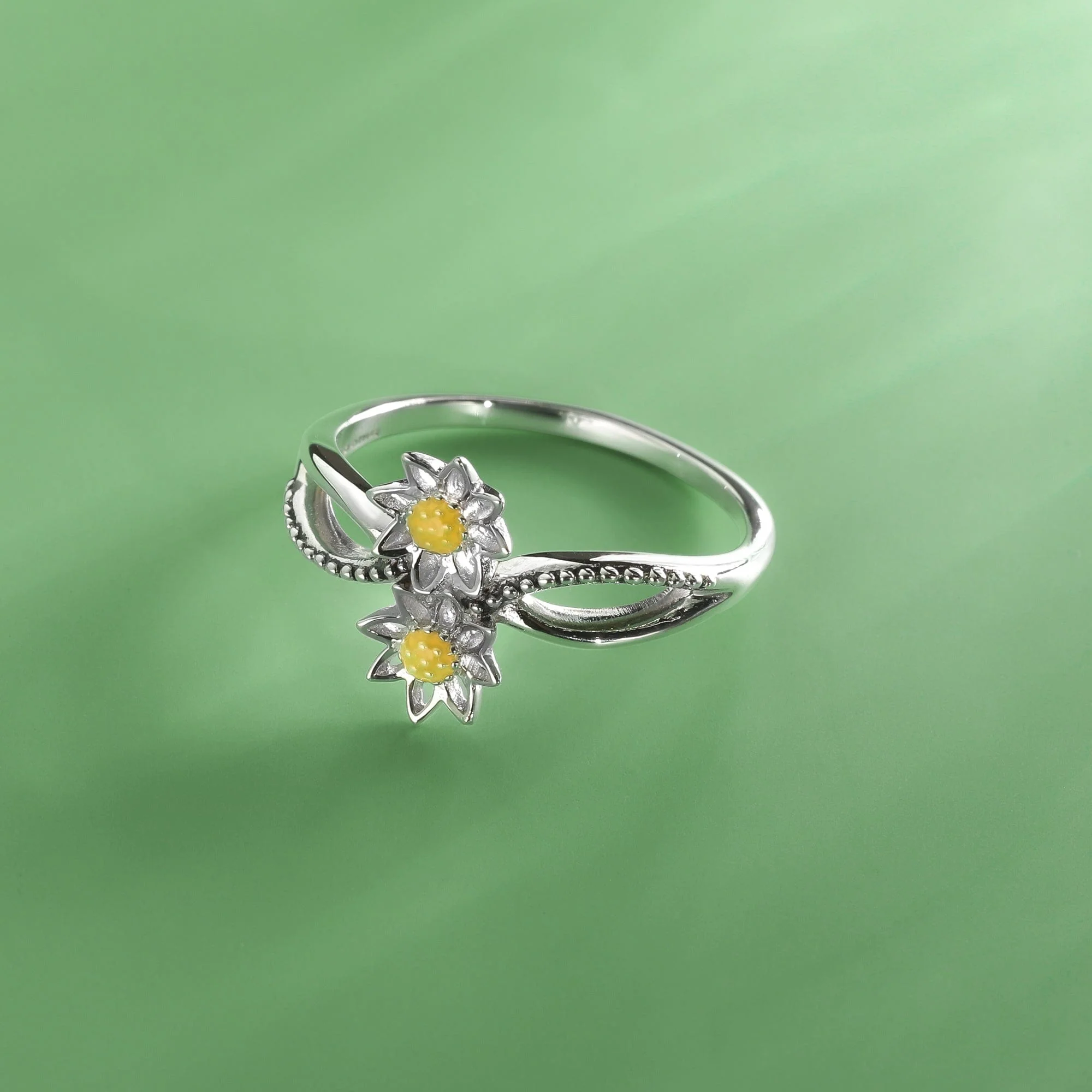 Intertwined Twin Golden Bloom Sunflower Ring - Image 3