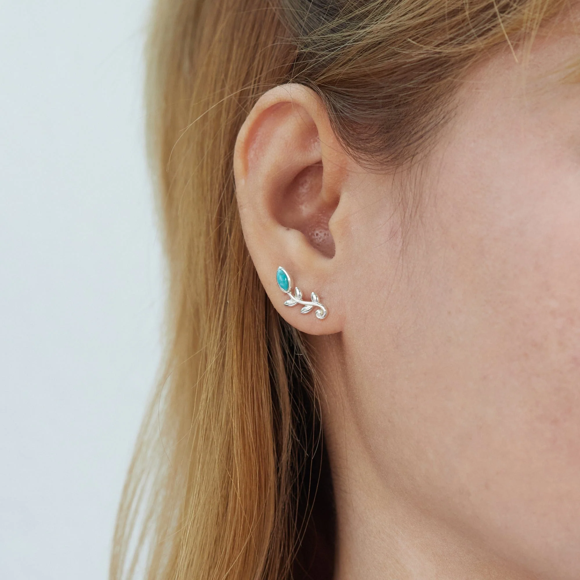 Leaf Branch Stud Earrings with Turquoise - Image 2