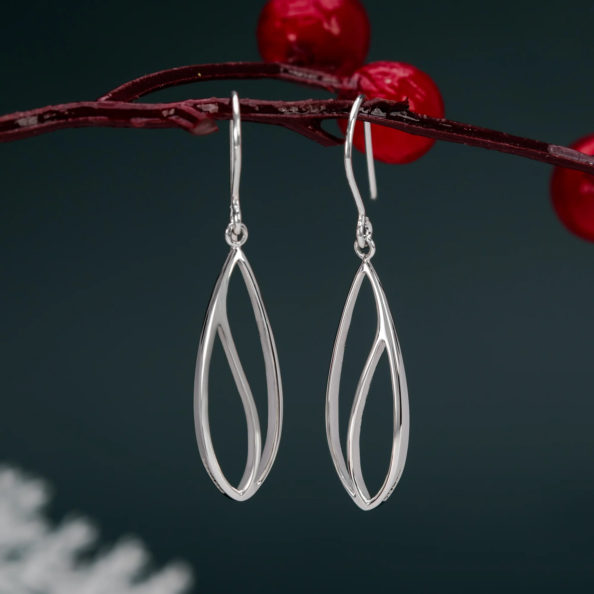 Long Modern Leaf Outline Dangle Earrings - Image 3