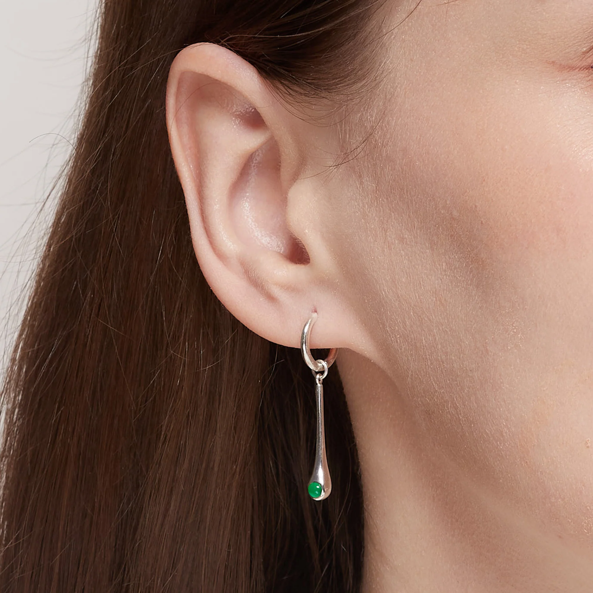 Long Teardrop Huggie Hoops with Green Onyx - Image 2