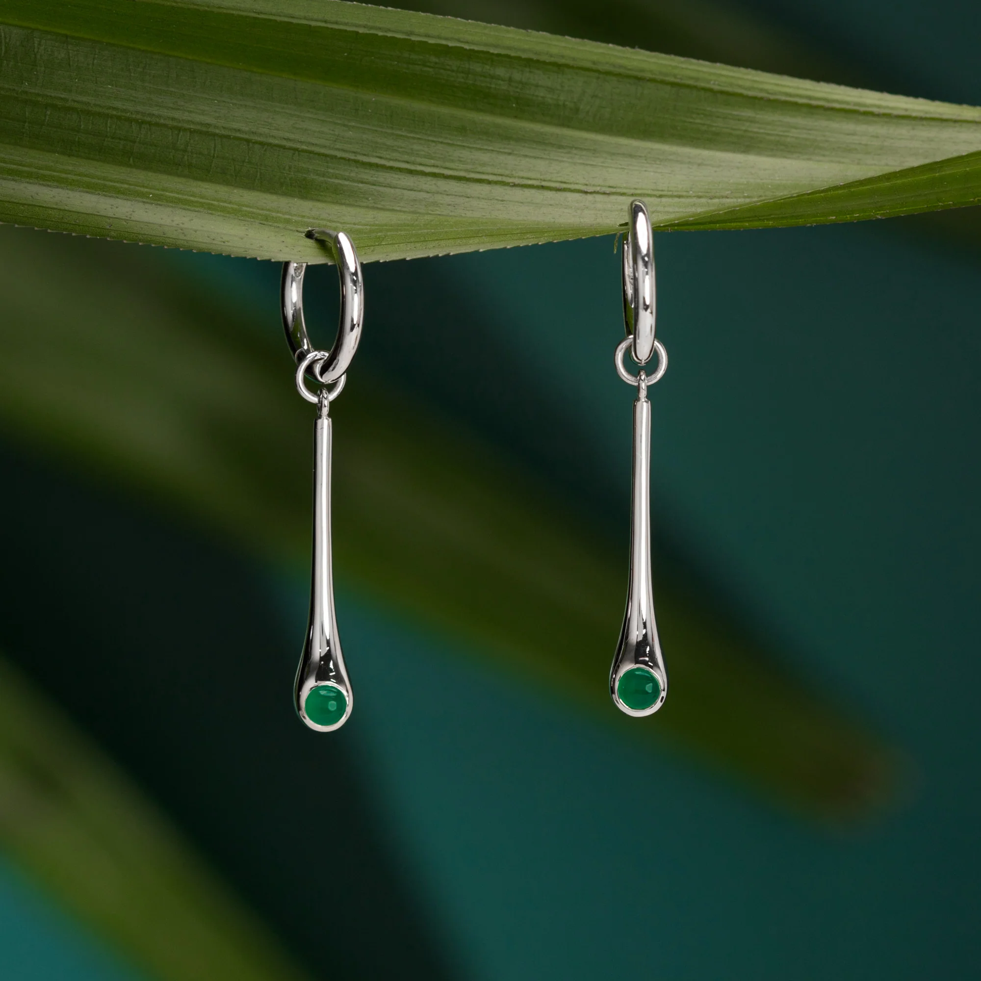 Long Teardrop Huggie Hoops with Green Onyx - Image 3