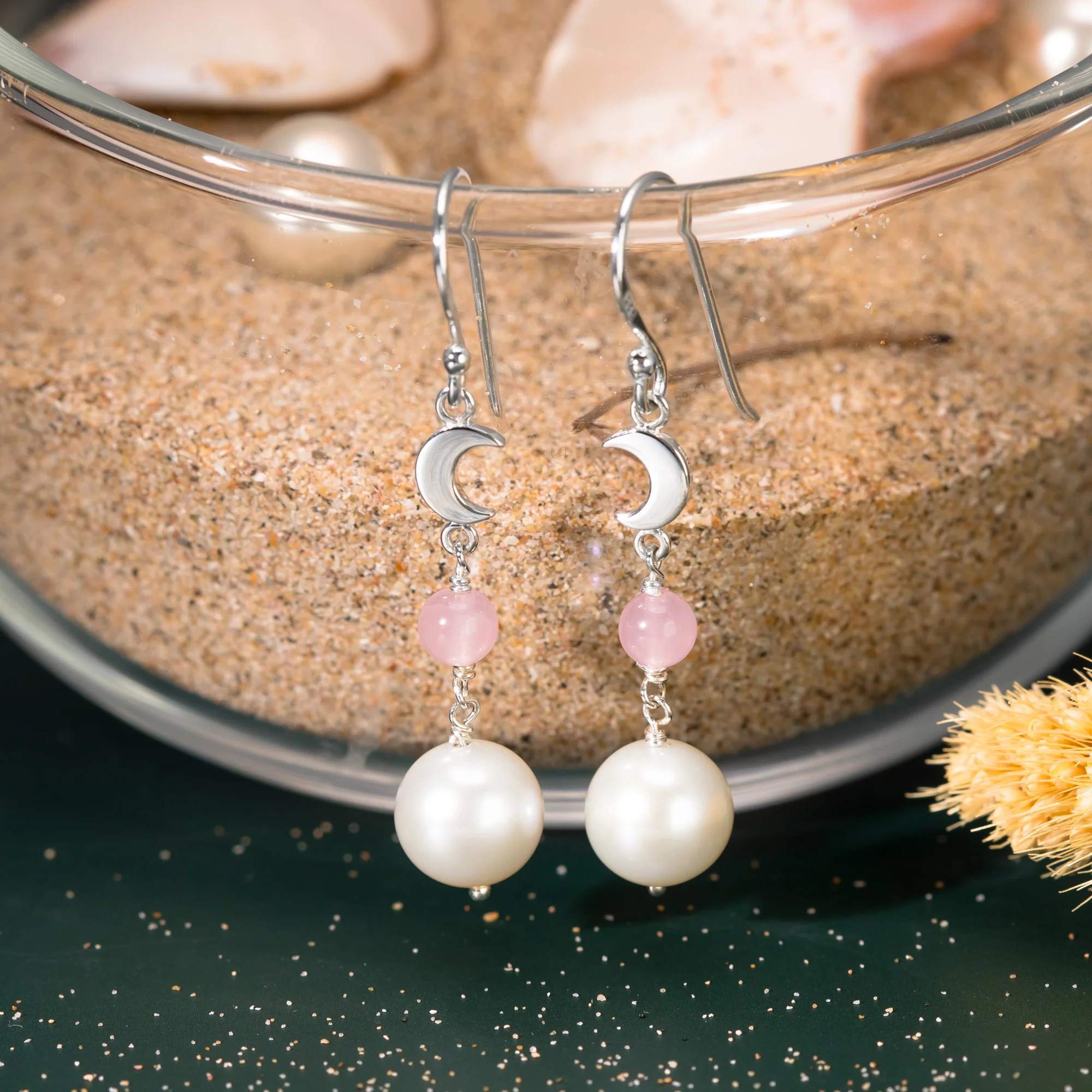 Luna Pearl Dangle Earrings with Rose Quartz - Image 3