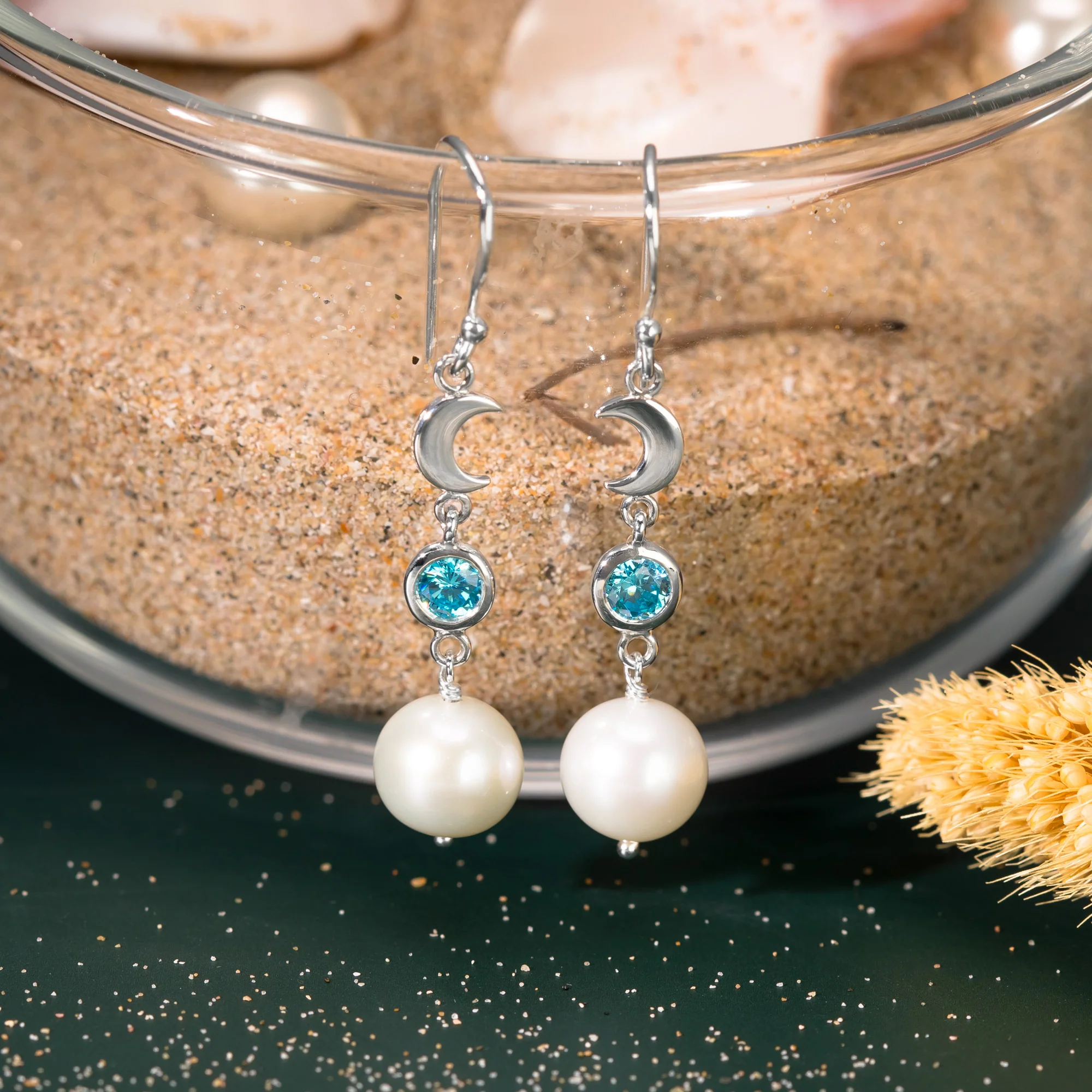 Luna Pearl Dangles with CZ Blue Topaz - Image 3