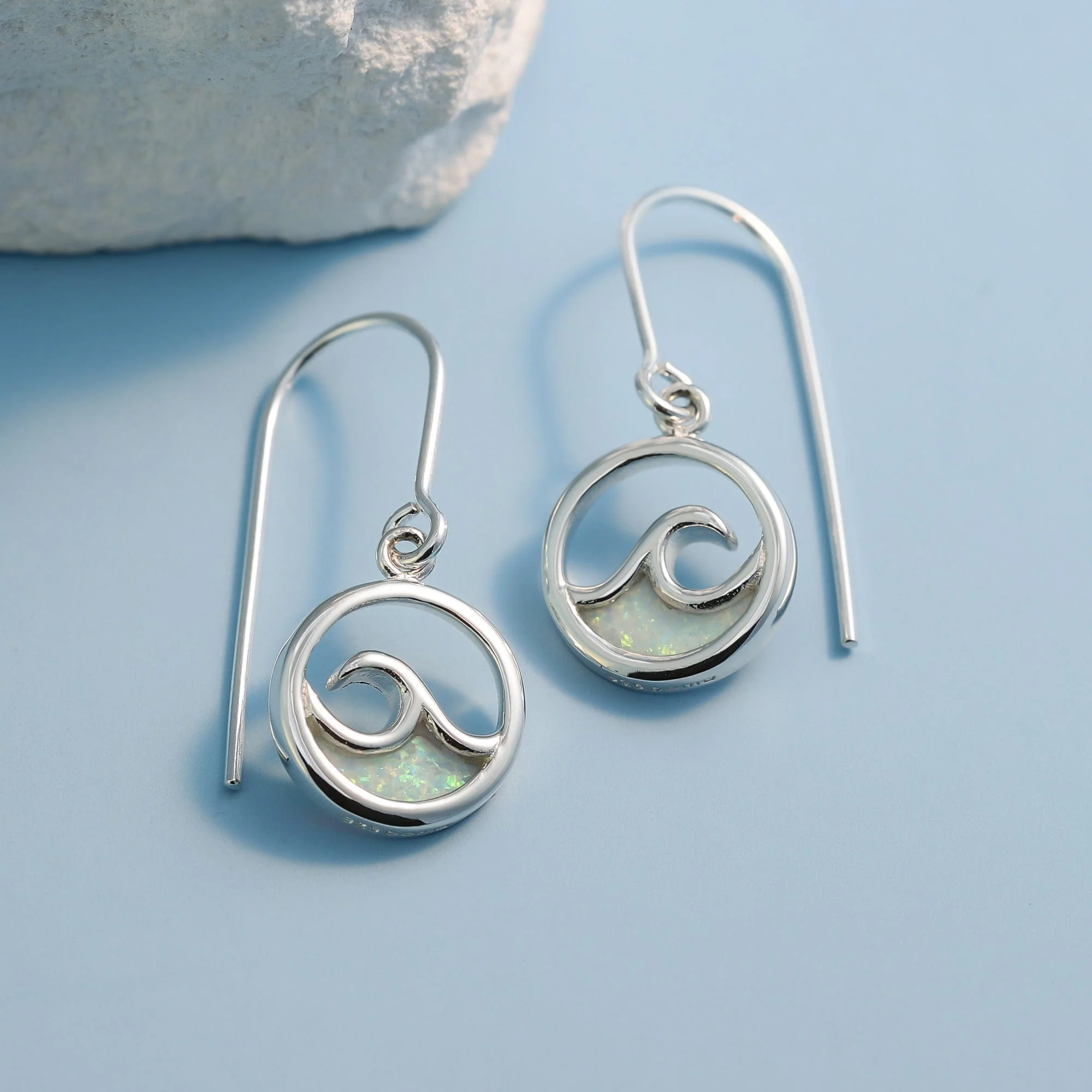 Outline Ocean Wave Earrings with Stone - Image 3