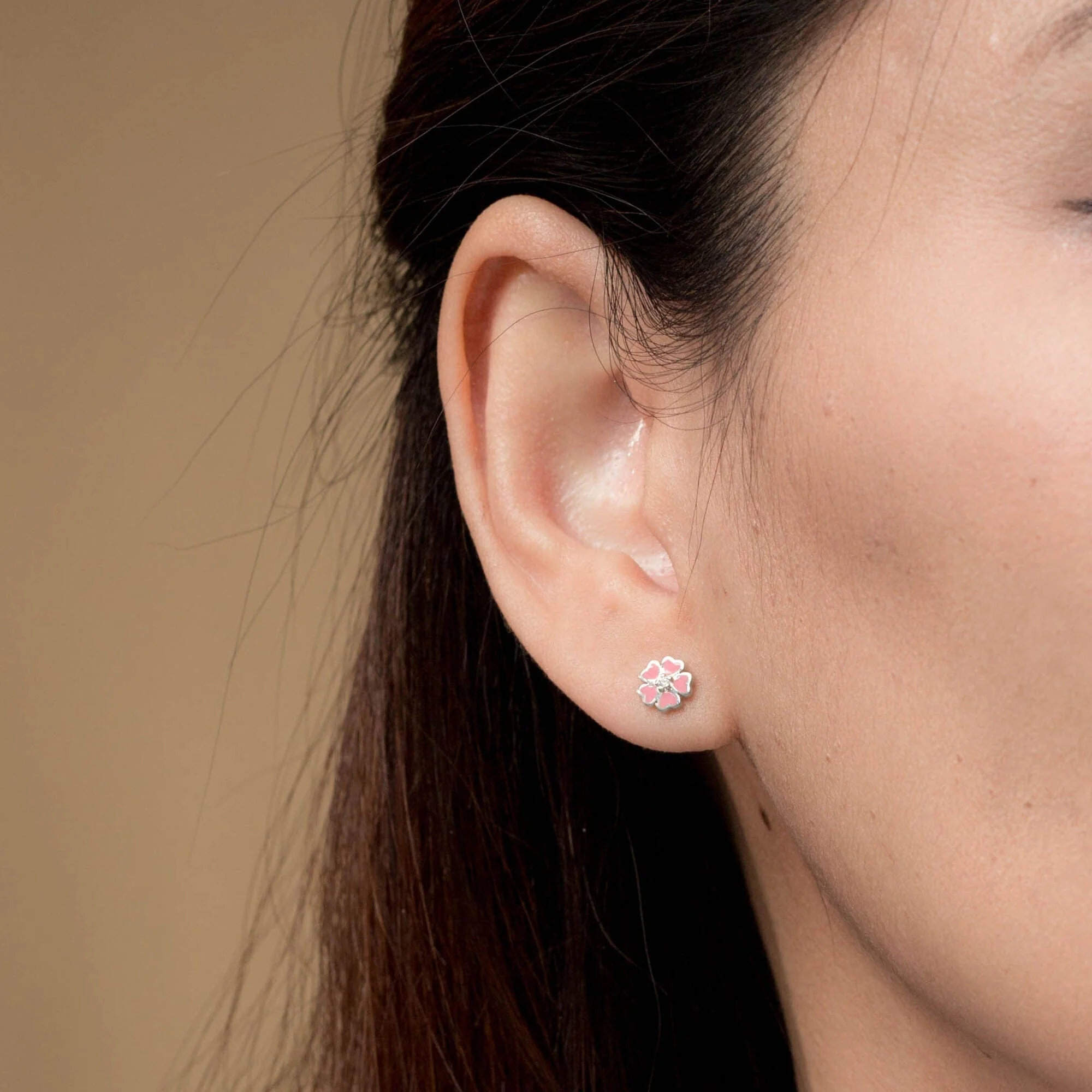 Pink Sakura Flower Earring Studs with Stone - Image 2