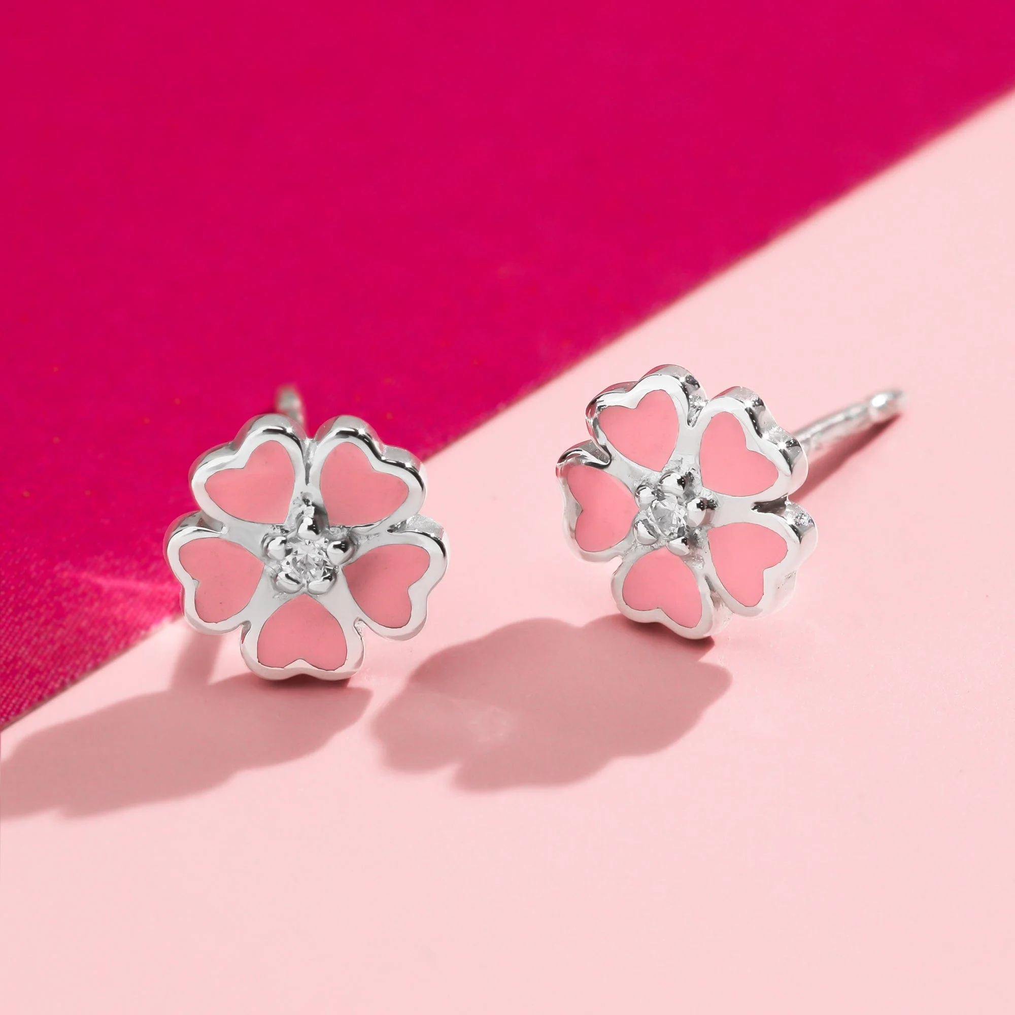 Pink Sakura Flower Earring Studs with Stone - Image 3