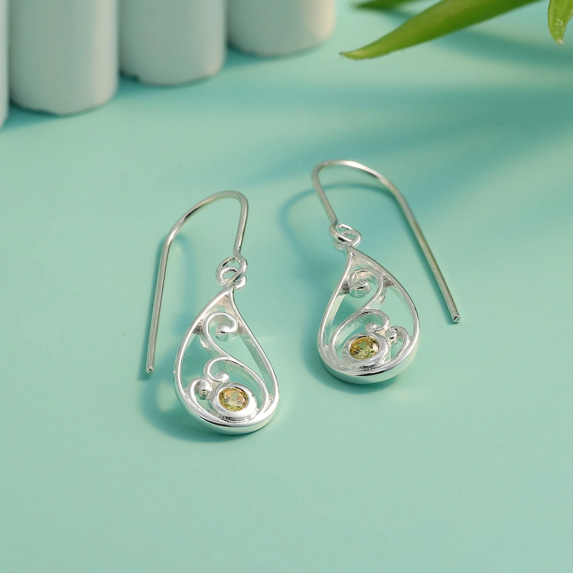 Teardrop Outline Gemstone Dangle Earring With Stone - Image 11