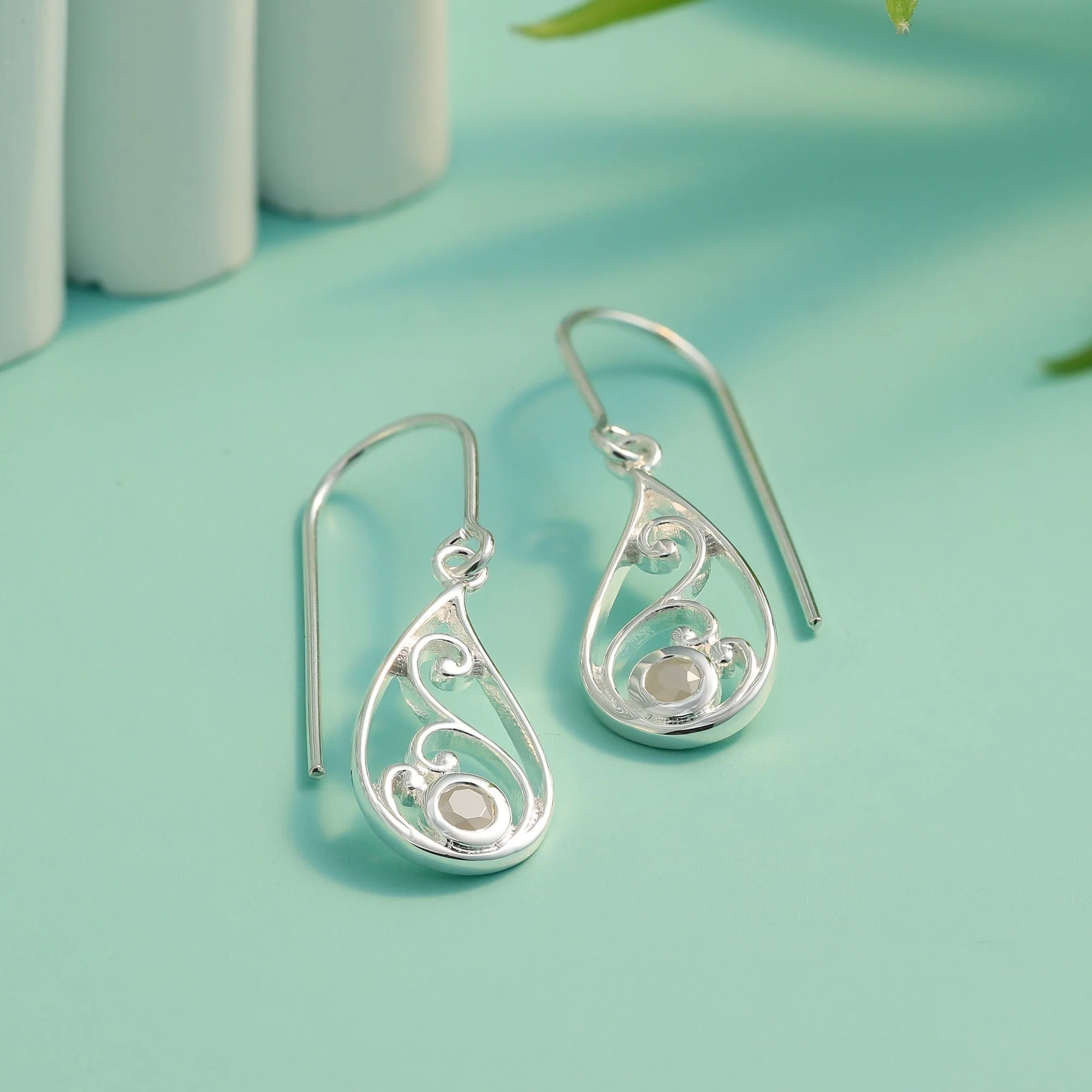 Teardrop Outline Gemstone Dangle Earring With Stone - Image 8