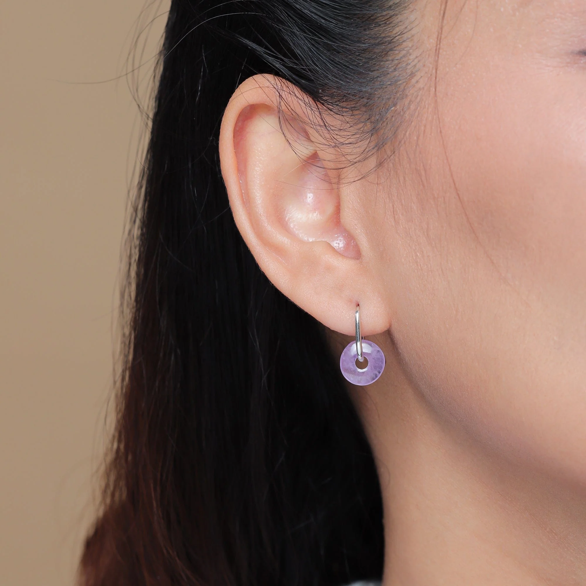 Treasured Bi Disc Oval Huggies with Amethyst - Image 2